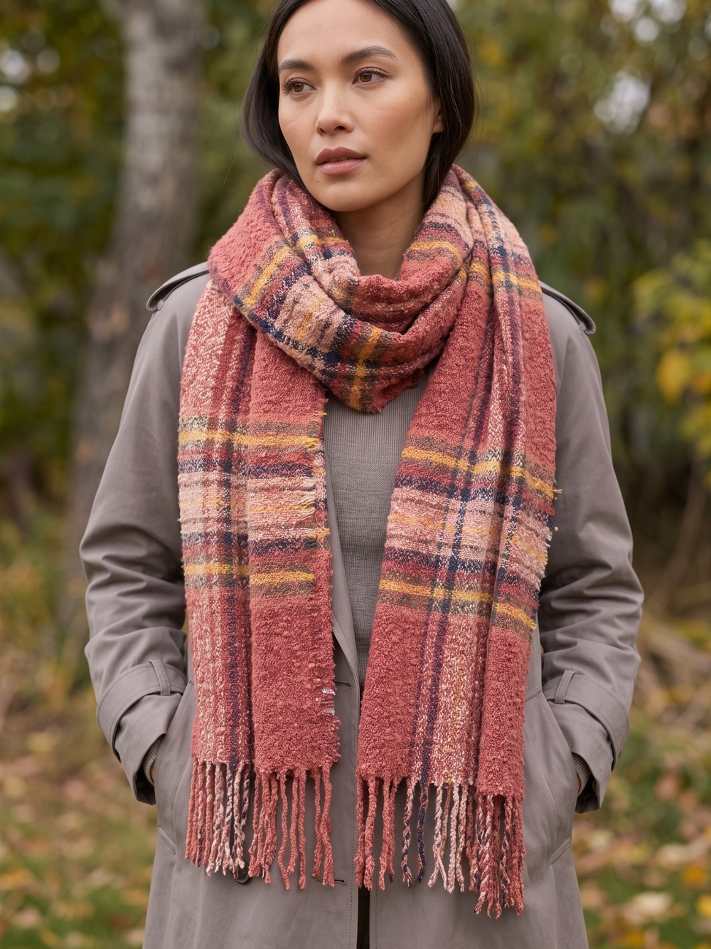 Cozy Plaid Bouclé Blanket Scarf Fringe Cabincore Academia Wrap